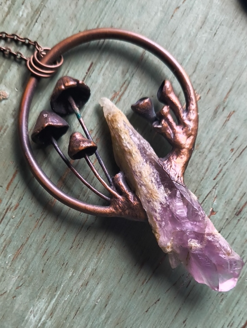 Copper Electroform Mushrooms With Huge Amethyst Shard Necklace Cottagecore Fairy